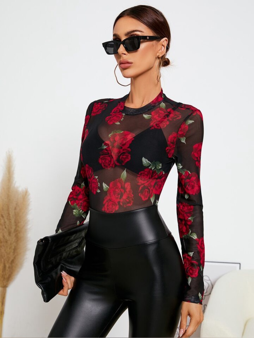 Firerie Floral Print Crew Neck Mesh Top from Shein black red size L